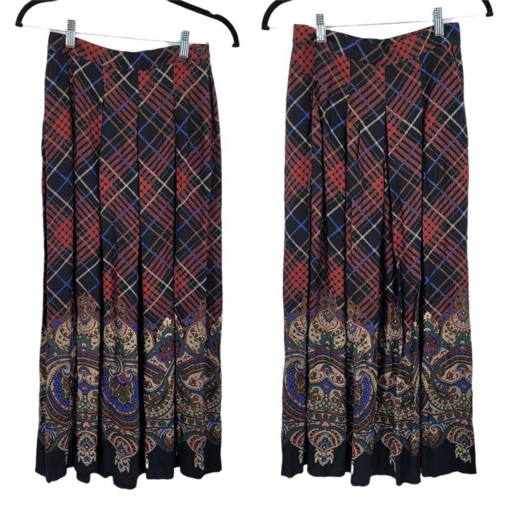 Vintage Womens Skirt Academia Plaid Pleated Cotton Midi Modest‎ Black Red Sz XS